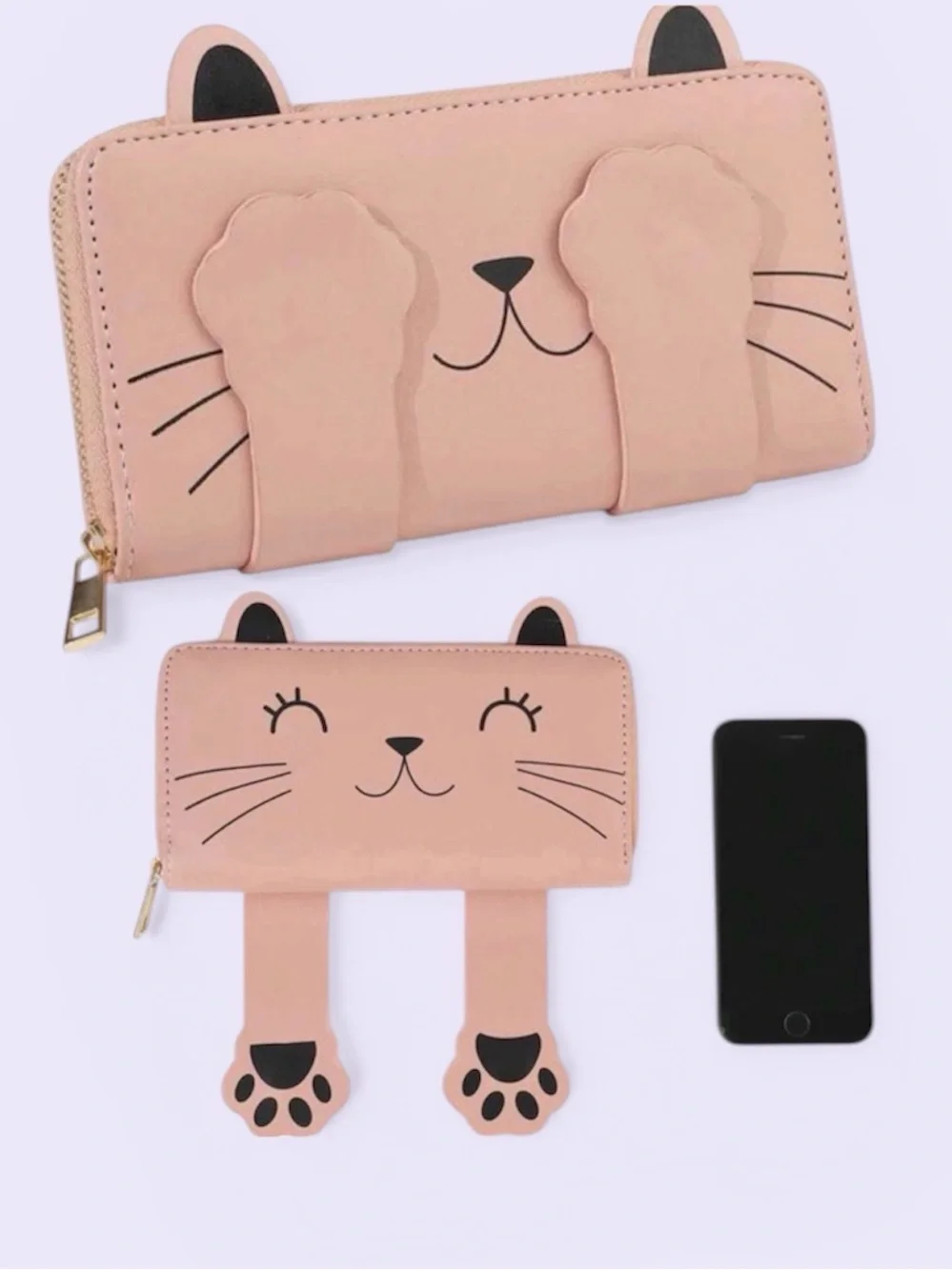 Cat Cosmetic Bag brushes fur kitten shaped makeup pouch travel luggage black Tan